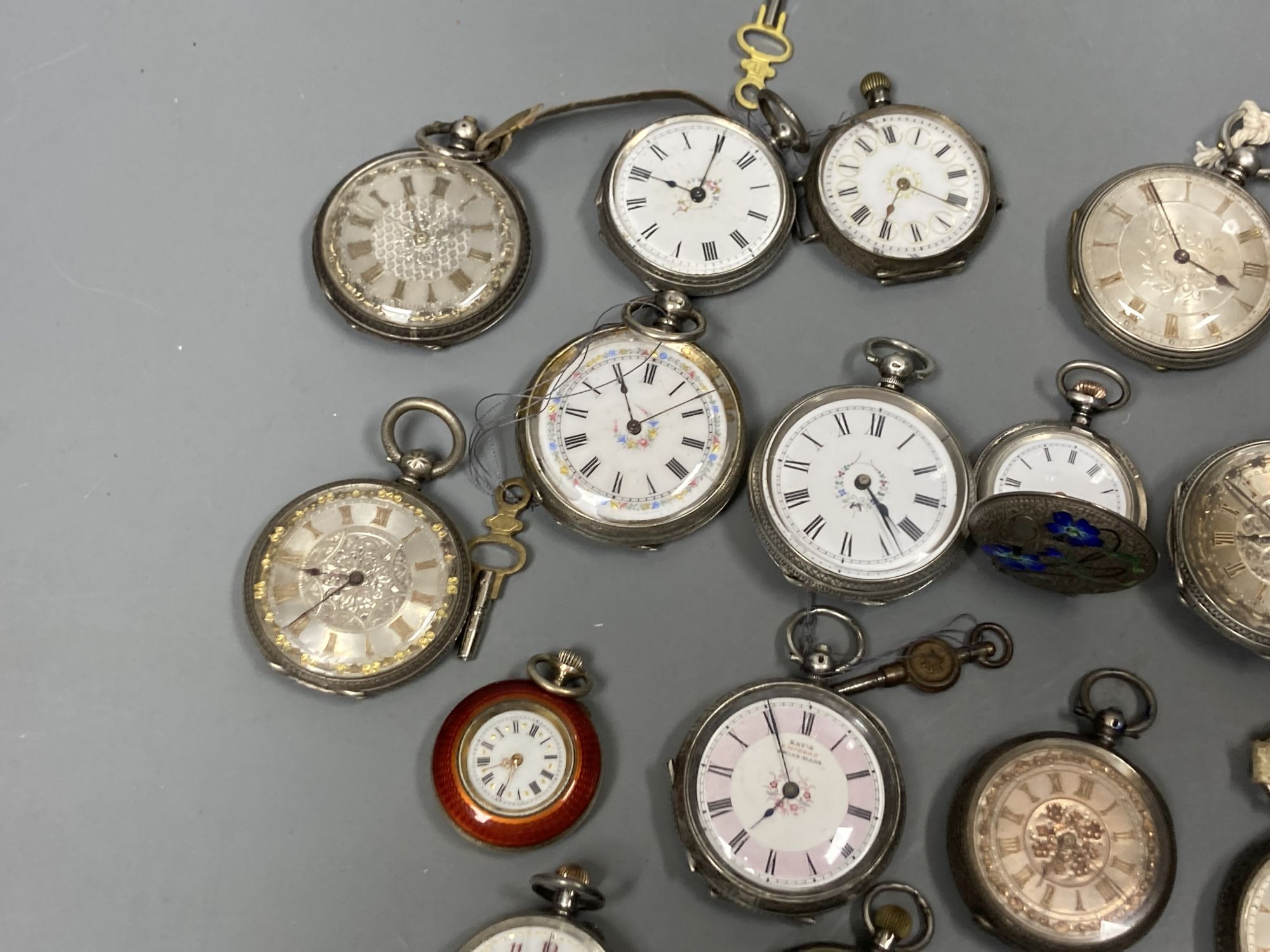 Fifteen assorted early to mid 20th century white metal fob and pocket watches including four with enamel (a.f).
